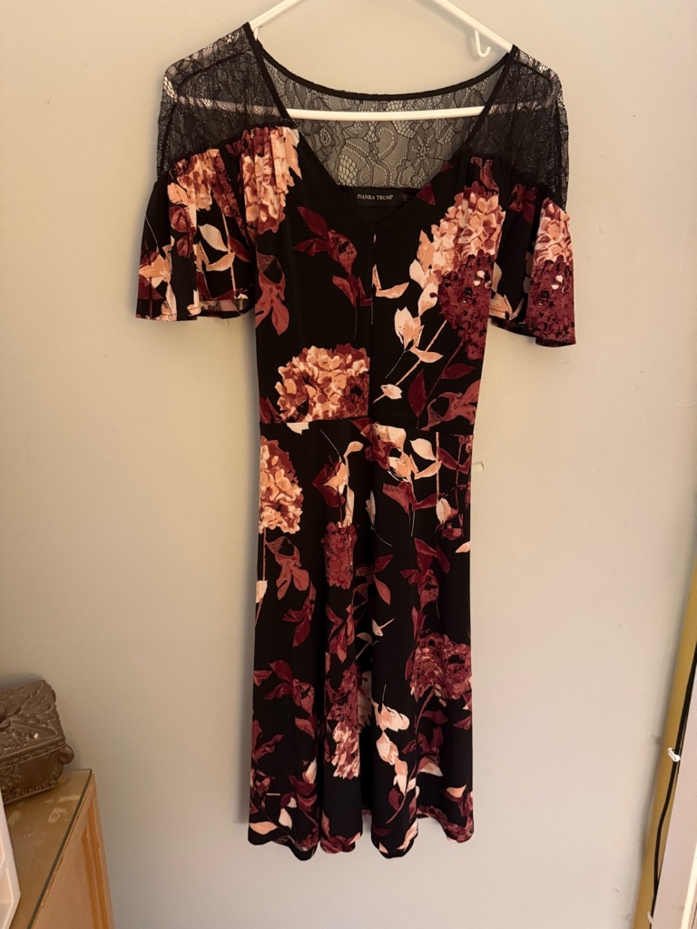 Ivanka Trump Black Floral Midi Dress with Lace Yoke